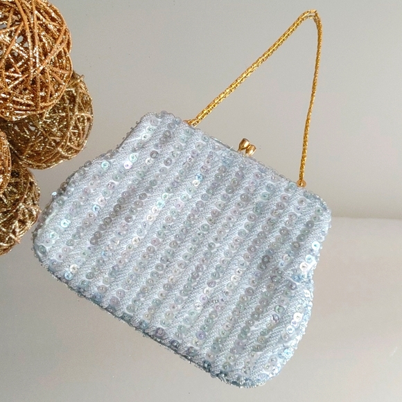 Handbags - Vintage Richere Clutch Evening Bag Made in Hong Kong Sequined Beads Aqua Blue